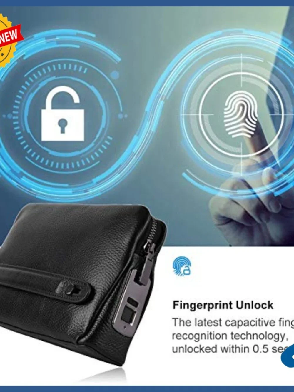 Men's Leather Wallet with Fingerprint Lock, Zipper Closure, Minimalist Design